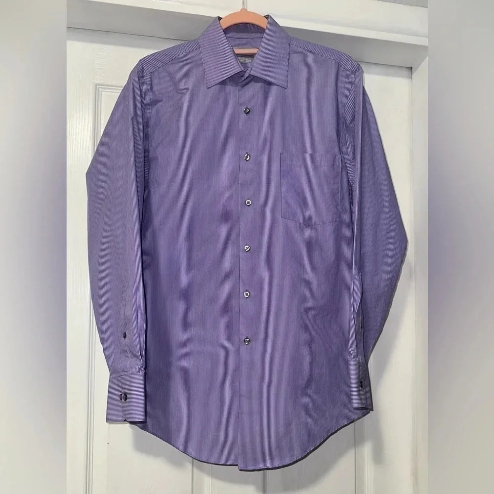 Van Heusen Fitted Button Down Shirt, Purple & White Stripes - Picture 1 of 10